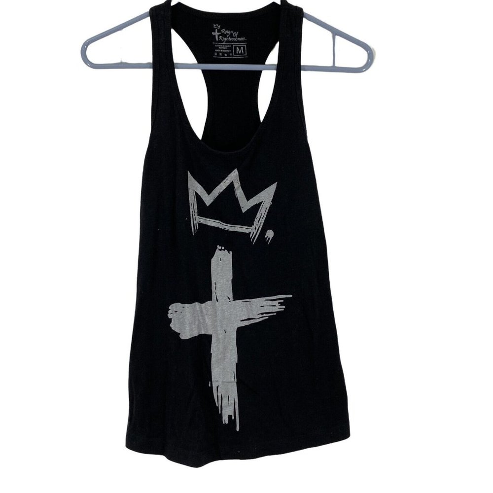 Reign Of Righteousness Cross Crown Womens Black Racerback Scoop Neck Tank Top M